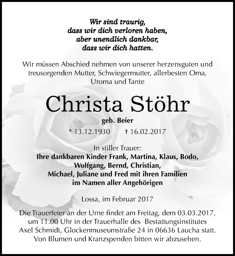  Traueranzeige für Christa Stöhr vom 21.02.2017 aus Mitteldeutsche Zeitung Naumburg/Nebra