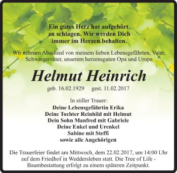 Traueranzeige von Helmut Heinrich von Mitteldeutsche Zeitung Quedlinburg