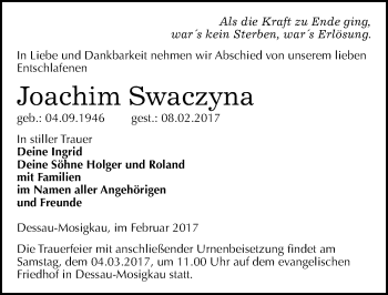 Traueranzeige von Joachim Swaczyna von Mitteldeutsche Zeitung Dessau-Roßlau