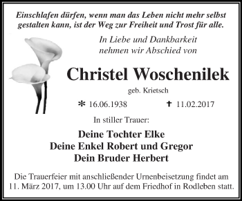 Traueranzeige von Christel Woschenilek von WVG - Wochenspiegel Dessau / Köthen