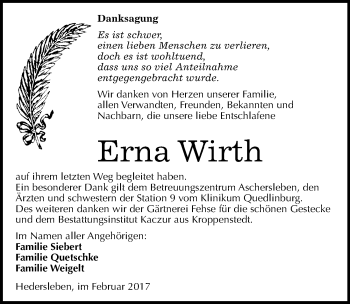 Traueranzeige von Erna Wirth von Mitteldeutsche Zeitung Quedlinburg