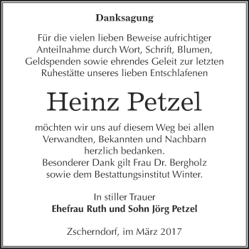 Traueranzeige von Heinz Petzel von WVG - Wochenspiegel Bitterfeld