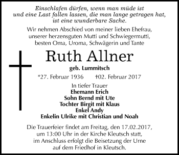 Traueranzeige von Ruth Allner von Mitteldeutsche Zeitung Dessau-Roßlau