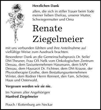 Traueranzeige von Renate Ziegelmeier von Mitteldeutsche Zeitung Bitterfeld