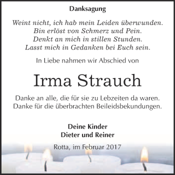 Traueranzeige von Irma Strauch von Super Sonntag Wittenberg