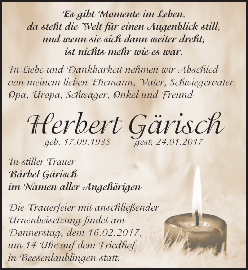  Traueranzeige für Herbert Gärisch vom 11.02.2017 aus Mitteldeutsche Zeitung Bernburg