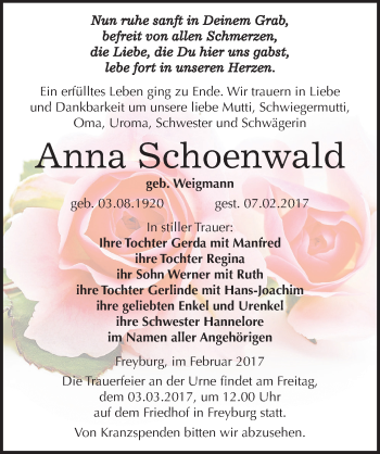 Traueranzeige von Anna Schoenwald von Mitteldeutsche Zeitung
