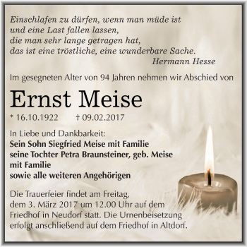 Traueranzeige von Ernst Meise von Super Sonntag SGH Mansf. Land