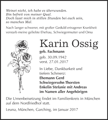 Traueranzeige von Karin Ossig von Super Sonntag Halle