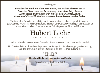Traueranzeige von Hubert Liehr von WVG - Wochenspiegel Dessau / Köthen