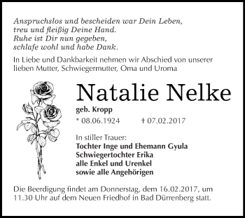 Traueranzeige von Natalie Nelke von WVG - Wochenspiegel NMB / WSF / ZTZ