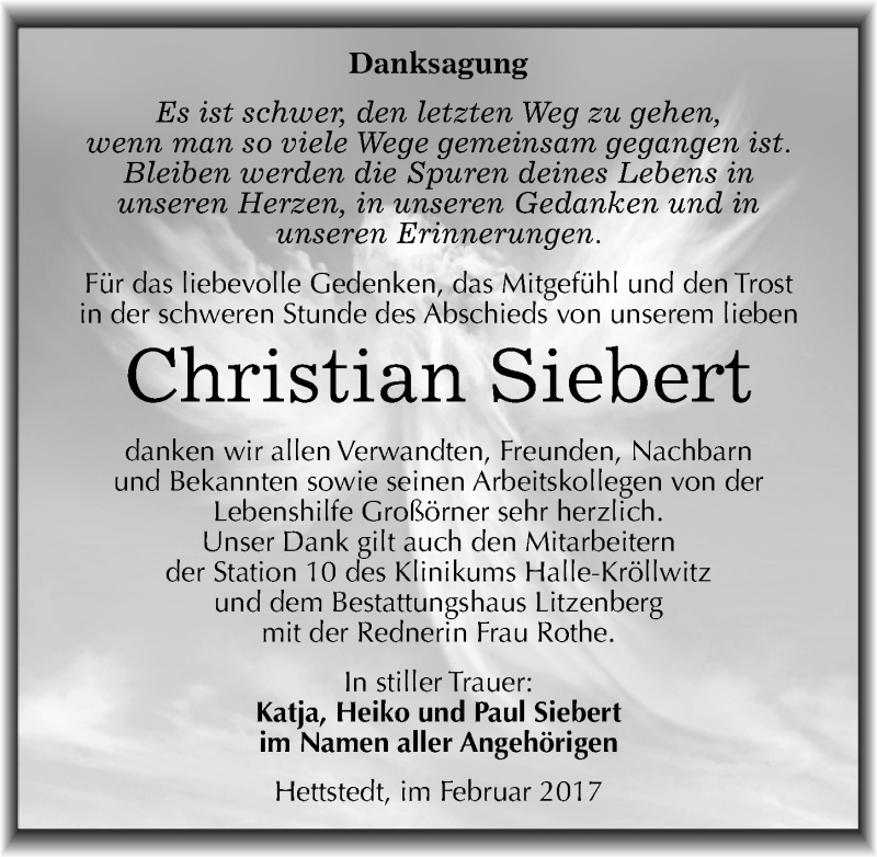  Traueranzeige für Christian Siebert vom 04.02.2017 aus Mitteldeutsche Zeitung Mansfelder Land