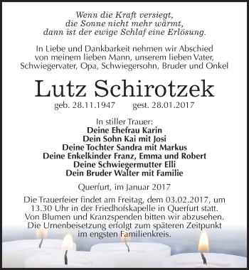 Traueranzeige von Lutz Schirotzek von Mitteldeutsche Zeitung Merseburg/Querfurt