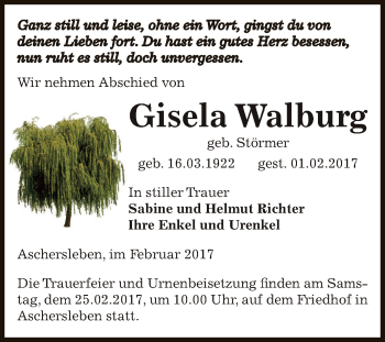Traueranzeige von Gisela Walburg von Super Sonntag SGH Mansf. Land
