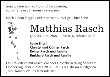 Traueranzeige von Matthias Rasch von Mitteldeutsche Zeitung Halle/Saalkreis