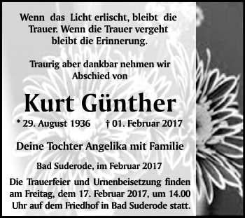 Traueranzeige von Kurt Günther von Super Sonntag Quedlinburg