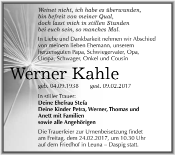 Traueranzeige von Werner Kahle von Super Sonntag Halle