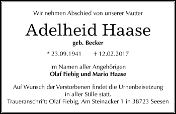 Traueranzeige von Adelheid Haase von Mitteldeutsche Zeitung Quedlinburg