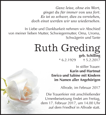 Traueranzeige von Ruth Greding von Mitteldeutsche Zeitung Quedlinburg