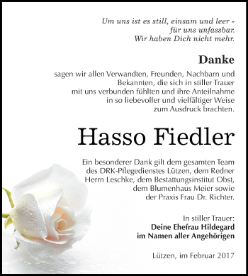 Traueranzeige von Hasso Fiedler von WVG - Wochenspiegel NMB / WSF / ZTZ