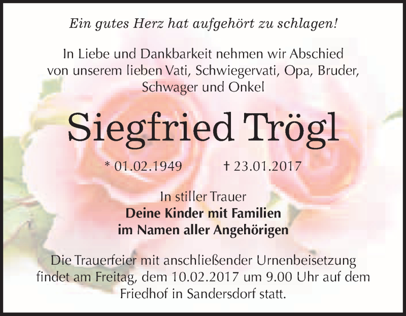  Traueranzeige für Siegfried Trögl vom 08.02.2017 aus WVG - Wochenspiegel Bitterfeld