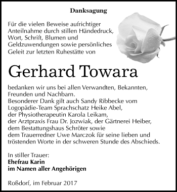 Traueranzeige von Gerhard Towara von Mitteldeutsche Zeitung Bitterfeld