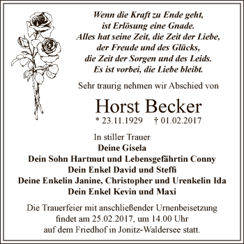 Traueranzeige von Horst Becker von WVG - Wochenspiegel Dessau / Köthen