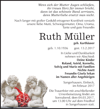 Traueranzeige von Ruth Müller von Mitteldeutsche Zeitung Sangerhausen