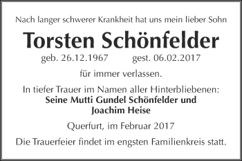 Traueranzeige von Torsten Schönfelder von Super Sonntag Halle
