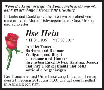 Traueranzeige von Ilse Hein von Mitteldeutsche Zeitung Aschersleben