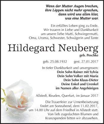Traueranzeige von Hildegard Neuberg von Mitteldeutsche Zeitung Merseburg/Querfurt