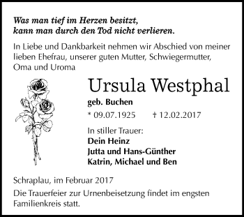 Traueranzeige von Ursula Westphal von Super Sonntag Halle