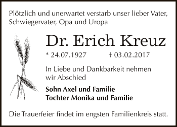 Traueranzeige von Erich Kreuz von Super Sonntag Bernburg