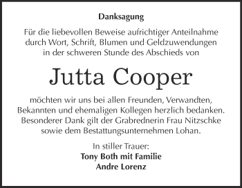 Traueranzeige von Jutta Cooper von WVG - Wochenspiegel Bitterfeld