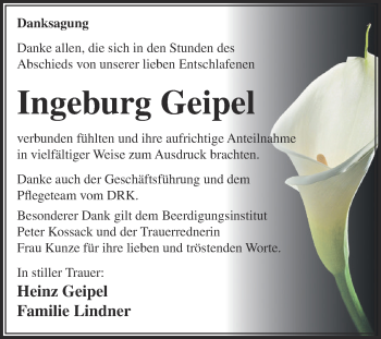 Traueranzeige von Ingeburg Geipel von WVG - Wochenspiegel Dessau / Köthen