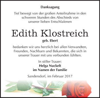 Traueranzeige von Edith Klostreich von Mitteldeutsche Zeitung Bitterfeld
