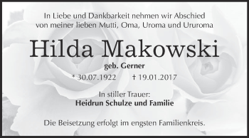 Traueranzeige von Hilda Makowski von WVG - Wochenspiegel Bitterfeld