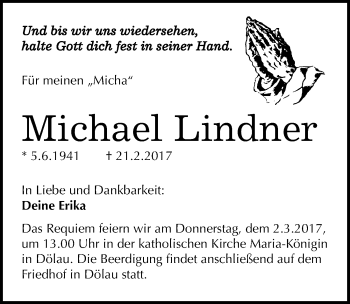 Traueranzeige von Michael Lindner von Mitteldeutsche Zeitung Halle/Saalkreis