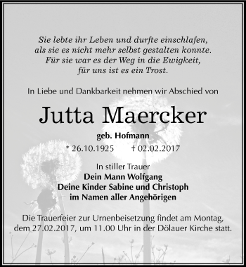 Traueranzeige von Jutta Maercker von Mitteldeutsche Zeitung Halle/Saalkreis