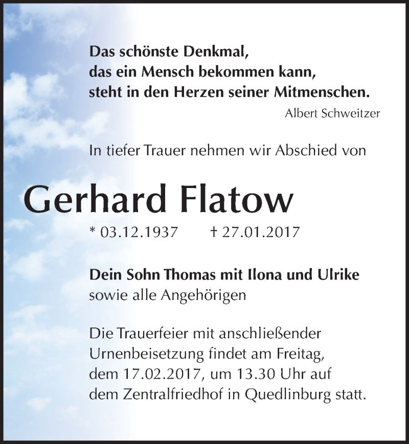 Traueranzeige für Gerhard Flatow vom 04.02.2017 aus Mitteldeutsche Zeitung Quedlinburg