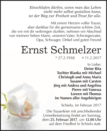 Traueranzeige von Ernst Schmelzer von Super Sonntag Quedlinburg