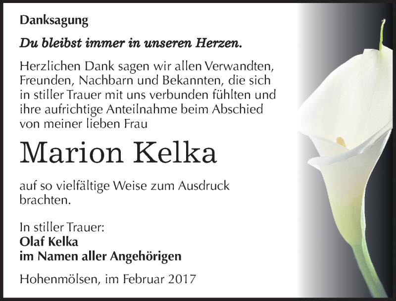  Traueranzeige für Marion Kelka vom 11.02.2017 aus Mitteldeutsche Zeitung Weißenfels