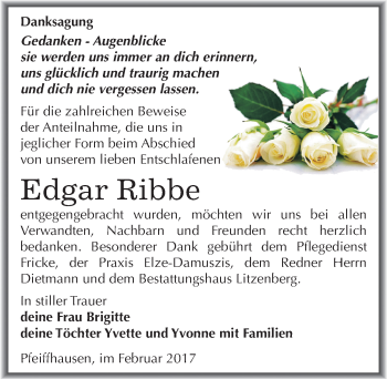 Traueranzeige von Edgar Ribbe von Mitteldeutsche Zeitung Mansfelder Land