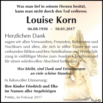 Traueranzeige von Louise Korn von WVG - Wochenspiegel NMB / WSF / ZTZ