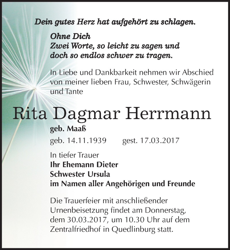  Traueranzeige für Rita Dagmar Herrmann vom 23.03.2017 aus Mitteldeutsche Zeitung Quedlinburg