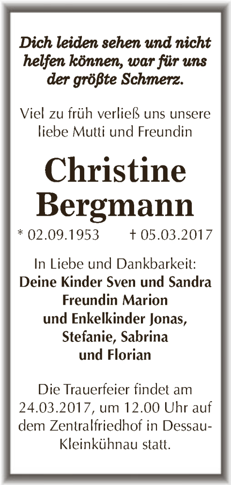  Traueranzeige für Christine Bergmann vom 11.03.2017 aus WVG - Wochenspiegel Dessau / Köthen