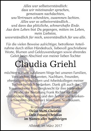 Traueranzeige von Claudia Griehl von Super Sonntag SGH Mansf. Land