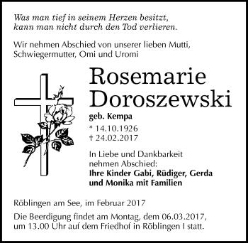 Traueranzeige von Rosemarie Doroszewski von Mitteldeutsche Zeitung Mansfelder Land