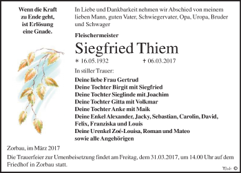 Traueranzeige von Siegfried Thiem von Mitteldeutsche Zeitung Weißenfels