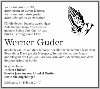 Traueranzeige von Werner Guder von Super Sonntag Halle